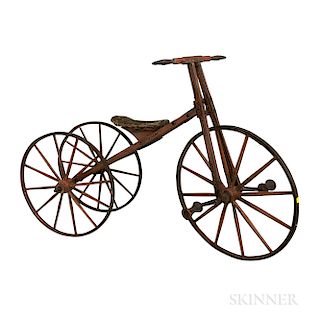 Red-painted and Turned Pine and Iron Tricycle