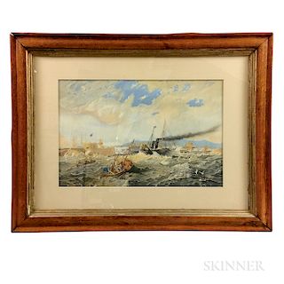 Framed British Watercolor Port Scene