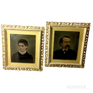 Pair of Framed Oil on Canvasboard Portraits of a Husband and Wife