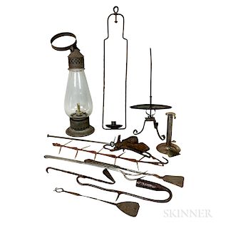 Group of Wrought Iron, Tin, and Glass Hearth and Lighting Items.  Estimate $300-500