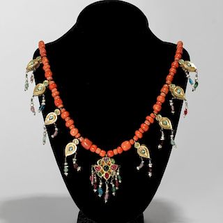 Indian Coral, 18K & 14K Gold Necklace, w Faux Gems