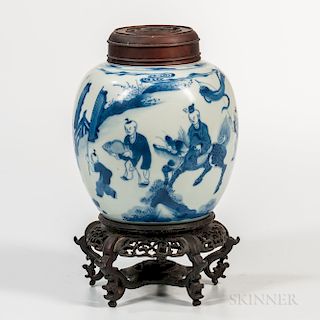 Small Blue and White Ginger Jar and Wood Cover