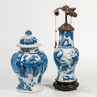 Large Blue and White Covered Ginger Jar and a Lamp Vase