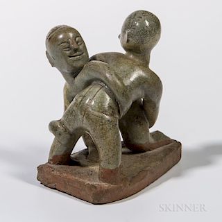 Longquan Celadon Stoneware Figurine of Two Wrestlers