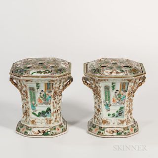 Pair of Canton Famille Verte Tulip Vases with Covers
