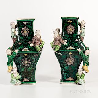 Pair of Famille Noir "Five Boys" Vases