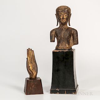 Gold-lacquered Bronze Head/Torso and a Hand of Buddha