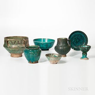 Seven Kashan Turquoise and Black Vessels