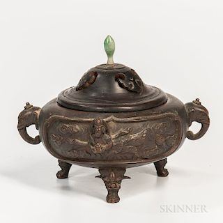Bronze Tripod Handled Censer and Wood Cover