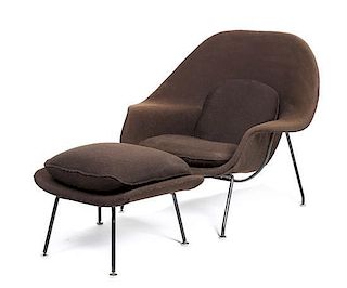 An Eero Saarinen Womb Chair and Ottoman, (Finnish, 1910-1961) for Knoll, Height of chair 35 1/2 x width 37 x depth 39 inches.