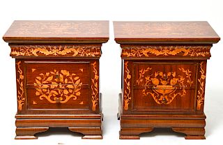 Dutch Wood Inlay Commodes / End Tables Pair