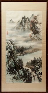 Chinese Inks on Paper Landscape Scroll Painting