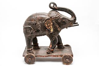 Indian Carved Wood Elephant Temple Toy on Wheels