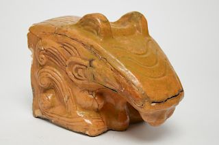Asian Roof Ornament, Ocher-Glazed Terracotta Beast