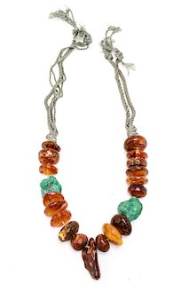 Amber & Natural Turquoise Beaded Necklace