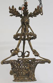 Antique Bronze Basket Form Chandelier .