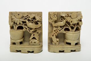 Chinese Carved Soapstone Bookends, Pair