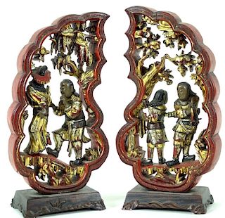 (2) Two Chinese Carved Gilt Painted Groups