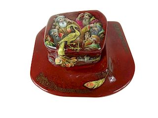 Russian Lacquered Pushkin "Fairytale" Box And Tray