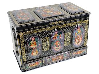 Large Important Russian Hand Painted Lacquered Box