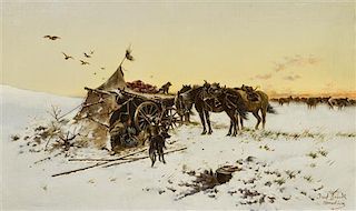 Josef von Brandt, (Polish, 1841-1915), Winter Campsite