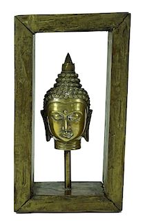 Chinese brass Buddha, Framed In Wood.