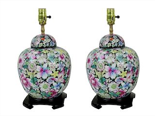 Pair of Chinese Famille Noire Hundred Flower Lamps