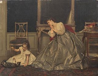 Gustave Leonhard de Jonghe, (Belgian, 1829-1893), Mother and Child with Cat, 1866
