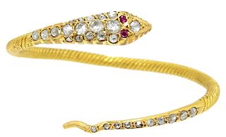 22 Karat Coil Snake Diamond Bangle Bracelet