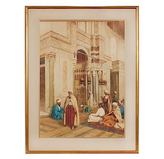 Watercolor Painting, Enrico Tarenghi (1848-1938), "Worshippers in a Mosque"