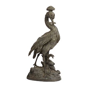 Spelter Sculpture, Alphonse Alexandre Arson (1822-1882), "Crested Marsh Bird with Fish in Mouth"