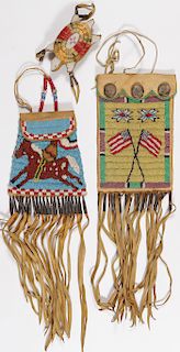 A PAIR OF BEADED BAGS AND EFFIGY