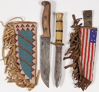 A PAIR OF BEADED SHEATHS WITH KNIVES