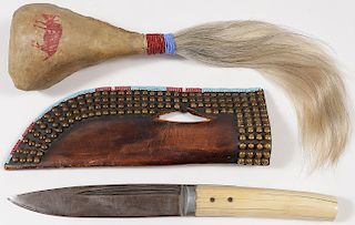 A BLACKFOOT STYLE SHEATH AND SIOUX STYLE RATTLE
