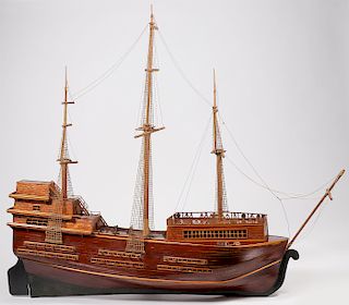 A THREE-MASTED WOODEN GALLEON MODEL