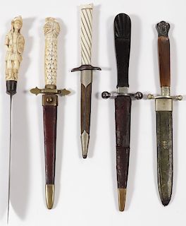 FIVE EUROPEAN DIRKS AND KNIVES, 19TH C