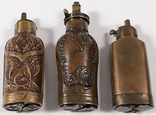 THREE DOUBLE COMPARTMENT PISTOL FLASKS, 19TH C