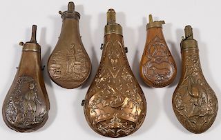 A GOOD GROUP OF FIVE POWDER FLASKS, 19TH C