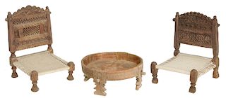 Relief Carved Hardwood Circular Table/Two Chairs