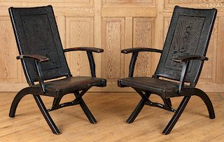 PAIR AZTEC LEATHER WOOD FOLDING CHAIRS 1940