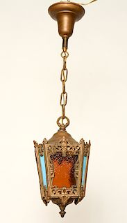 VENETIAN STYLE METAL STAINED GLASS LANTERN C.1930