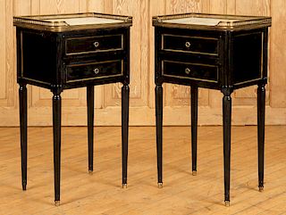 PAIR FRENCH EBONIZED MARBLE TOP END TABLES C.1950