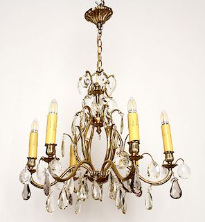 BRASS AND CRYSTAL SIX ARM CHANDELIER