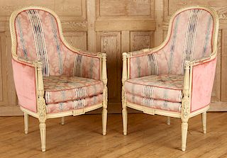 PAIR CARVED LOUIS XVI STYLE BERGERE CHAIRS