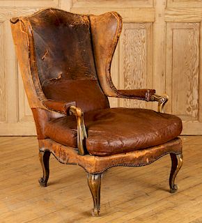 ITALIAN LEATHER WING CHAIR OPEN ARMS SCROLL FEET