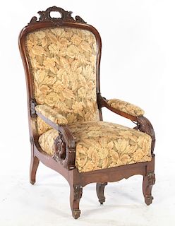 CARVED MAHOGANY RECLINING LIBRARY CHAIR 1850