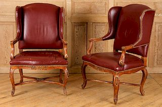 PAIR CARVED LEATHER WING CHAIRS BY CENTURY