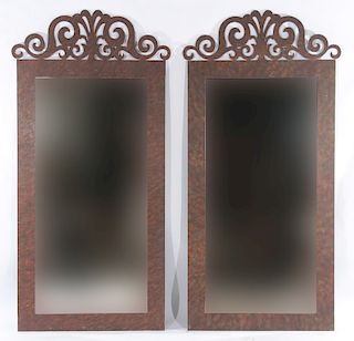 PAIR OF MIRRORS IRON FRAMES SCROLL FORM CREST