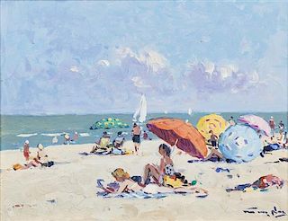 Niek van der Plas, (Dutch, b. 1954), Beach with Red Umbrella