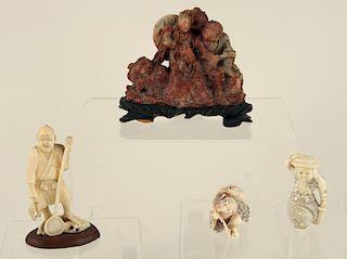 CARVED HARDSTONE FIGURAL GROUP AND NETSUKES